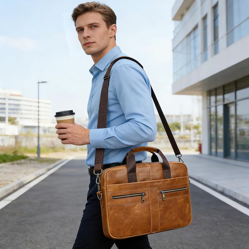 SAIION Genuine Leather Briefcase for Men, Laptop Computer Shoulder Bag With Strap, 15.6 Inch Business Travel Work Handbag - Image 3